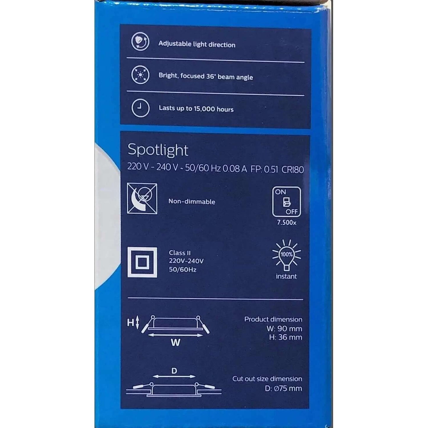 Spotlight Philips SL052 RD SPOT 070 on blue packaging label; 220–240V, non-dimmable, 50/60Hz
