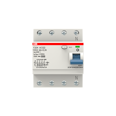 ABB ELCB/RCCB 100A 4P 30mA F204 residual current circuit breaker with blue test button and N terminals