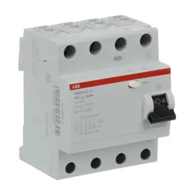 ABB FH204 RCCB 63A 4-pole 30mA residual current circuit breaker, white body with red ABB label and black toggle