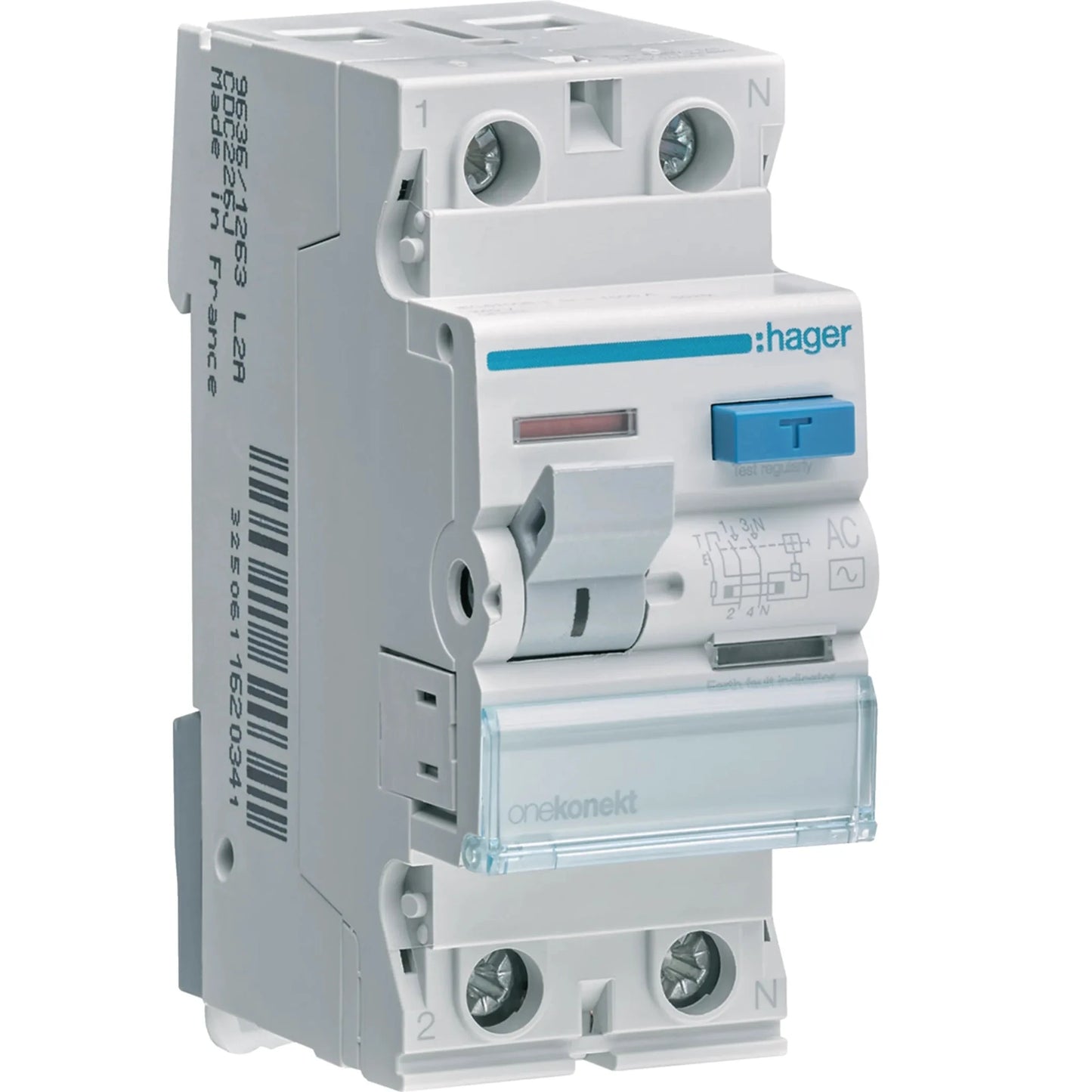 Hager Onekonekt RCCB CCC217J residual-current circuit breaker, 16A 2P, 10mA with blue test button, front view