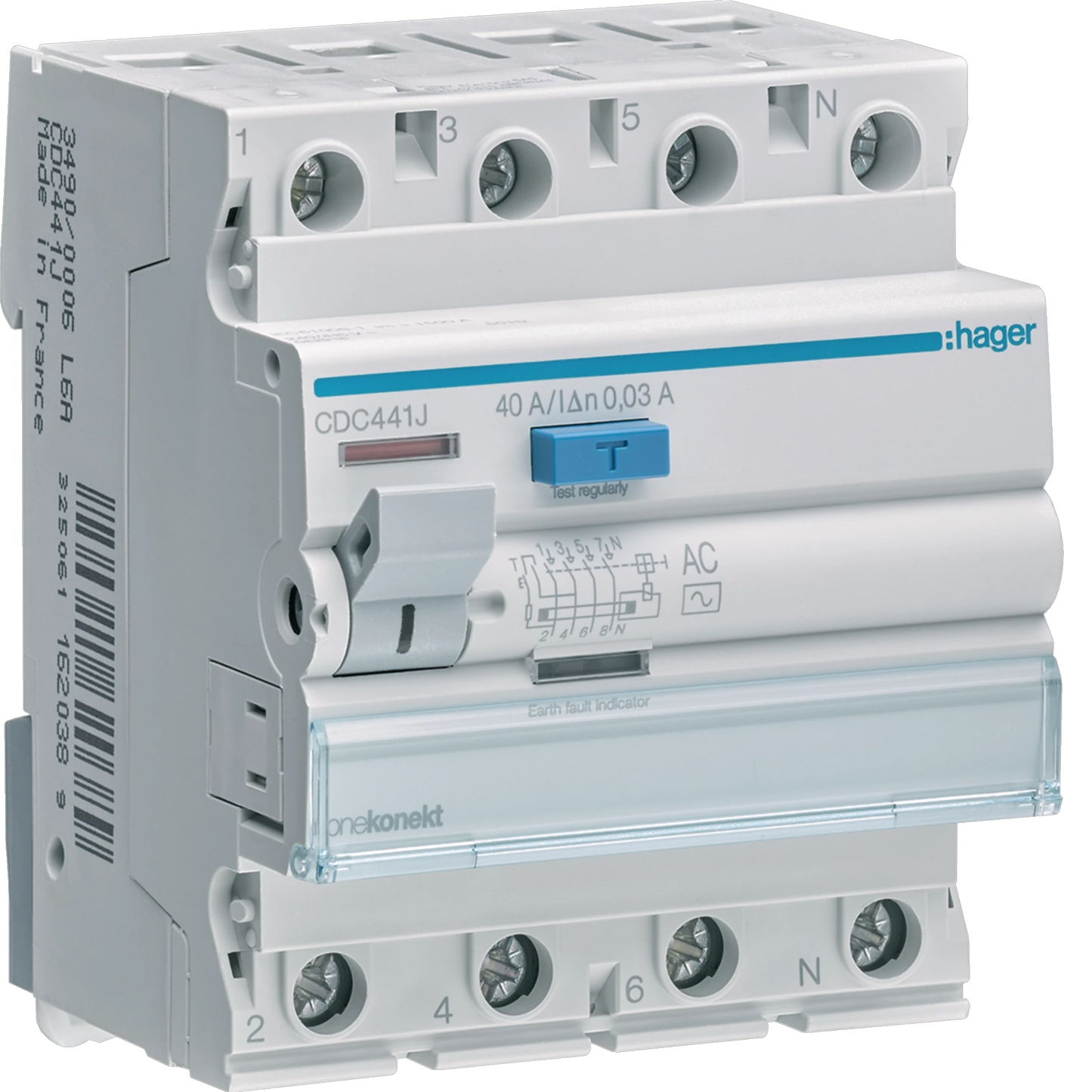 Hager CDC441J RCCB 40A 4P 30 mA residual current circuit breaker, front view with blue test button