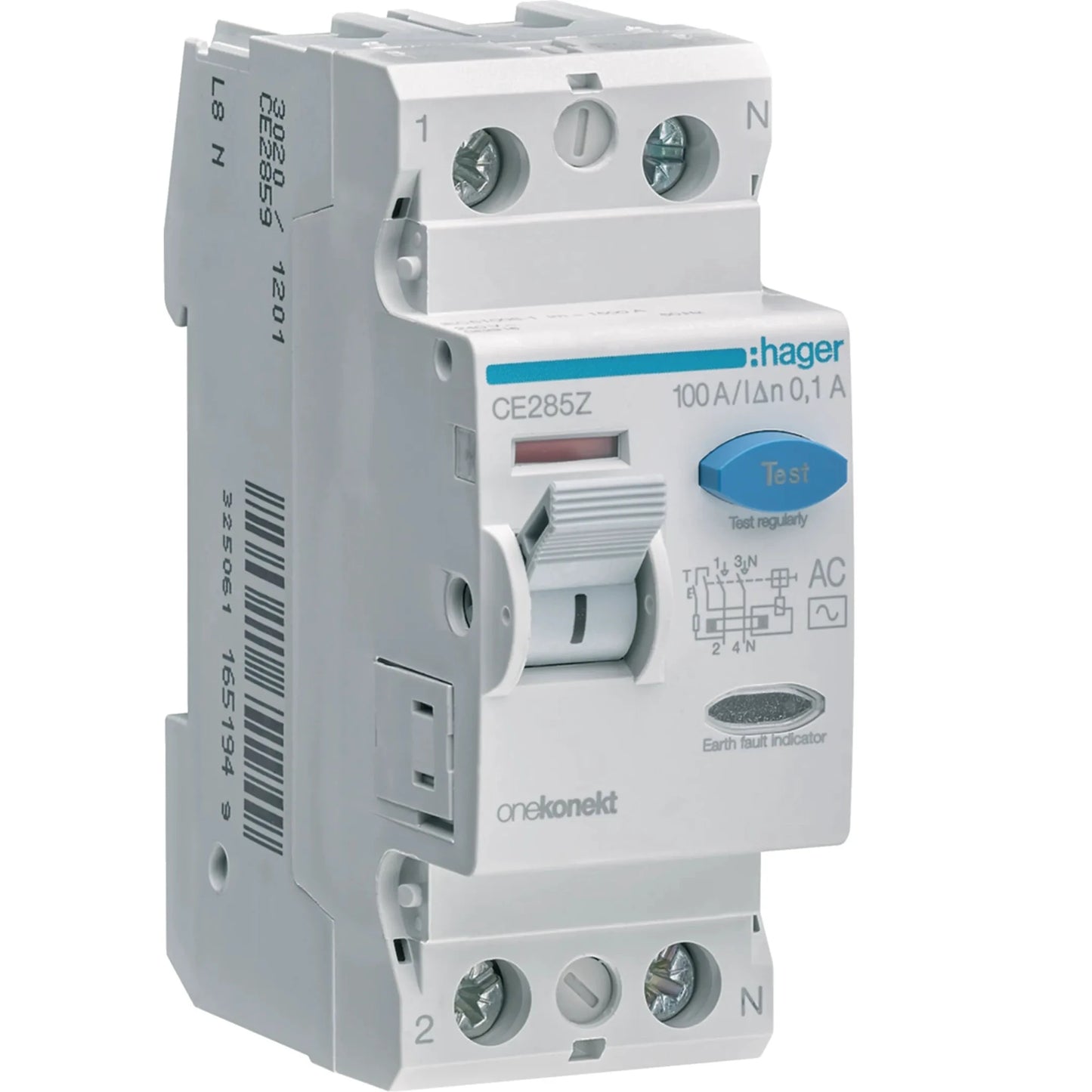 Hager CE285Z RCCB 100A 2P 100mA residual current circuit breaker with blue Test button, front view.