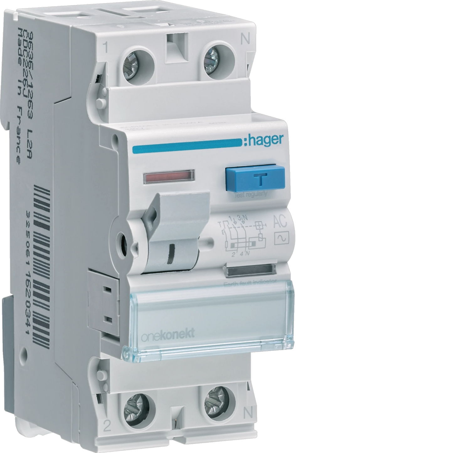 Hager Onekonekt RCCB (ELCB) 25A 2P 100mA CEC226J, front view white circuit breaker with blue test button