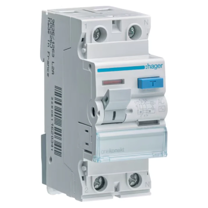 Hager RCCB CEC264J, 63A 2-pole 100mA ELCB, white modular breaker with blue test button, front view