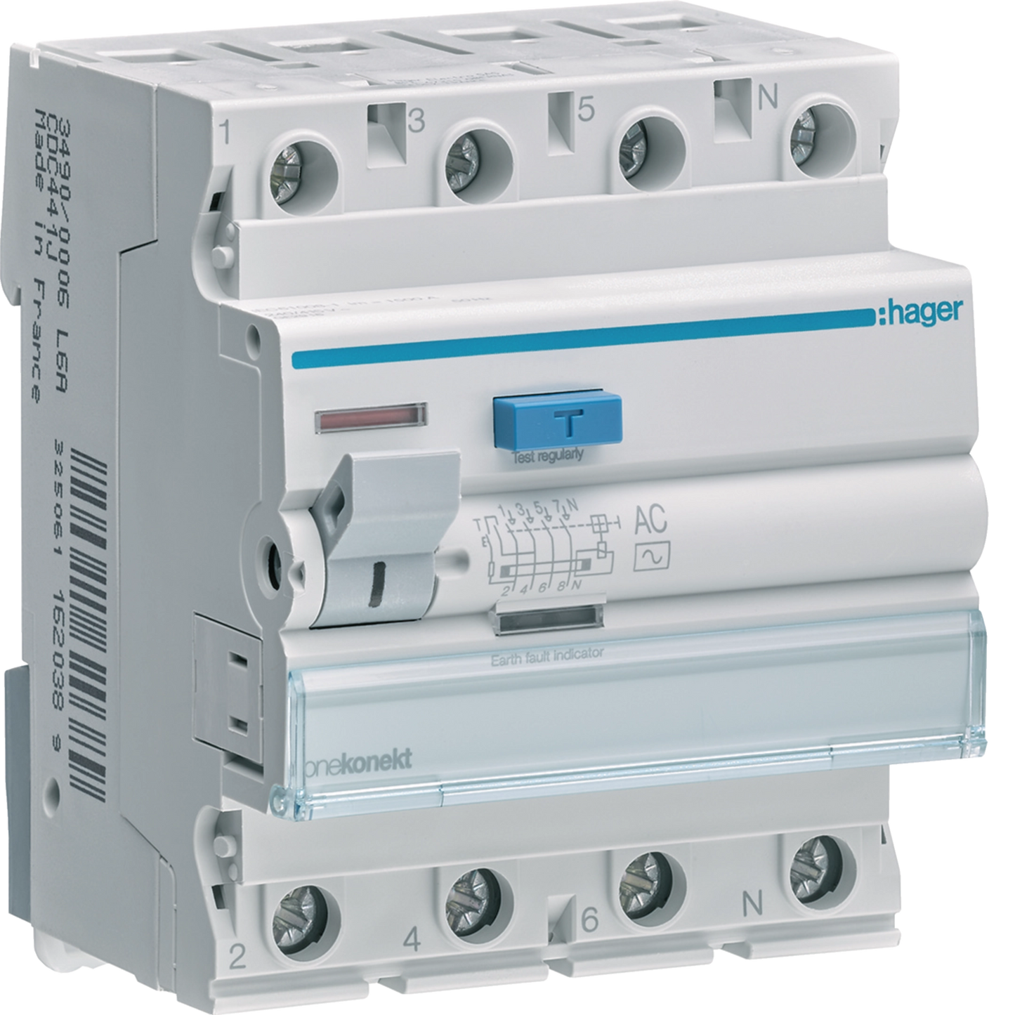 Hager Onekonekt RCCB CEC426J, 25A 4P, 100mA - front view of white circuit breaker with blue test button