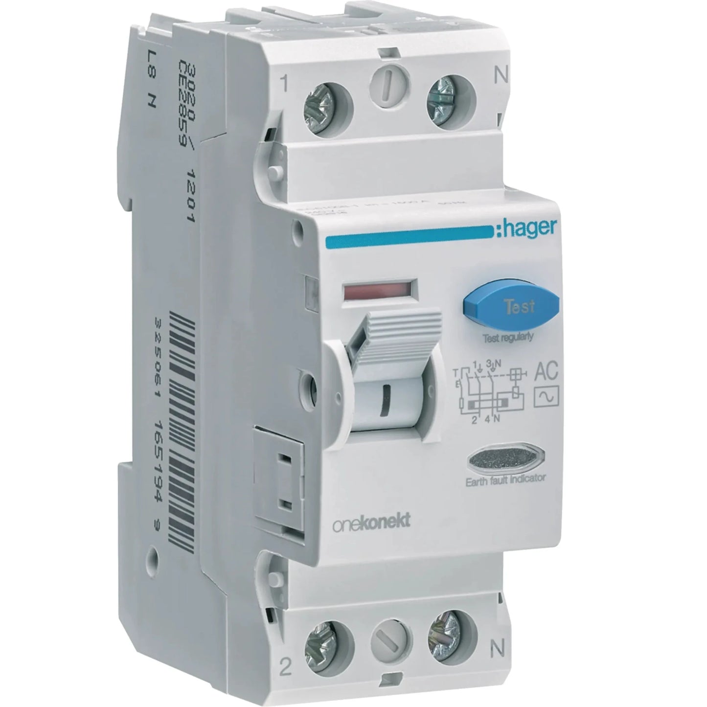 Hager CF285Z RCCB (ELCB) 100A 2P 300mA, white with blue Test button, front view.