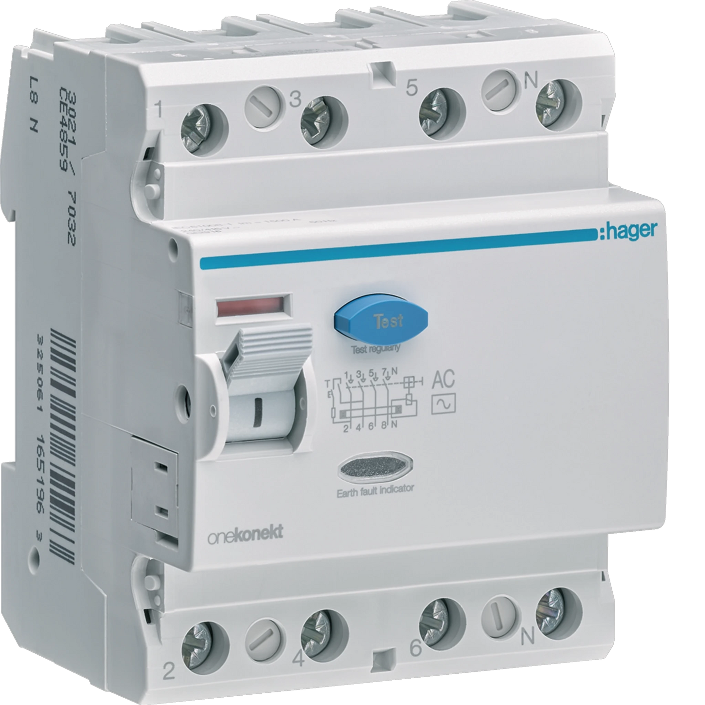 Hager RCCB (ELCB) 4P 100A 300mA CF485Z front view with blue Test button.