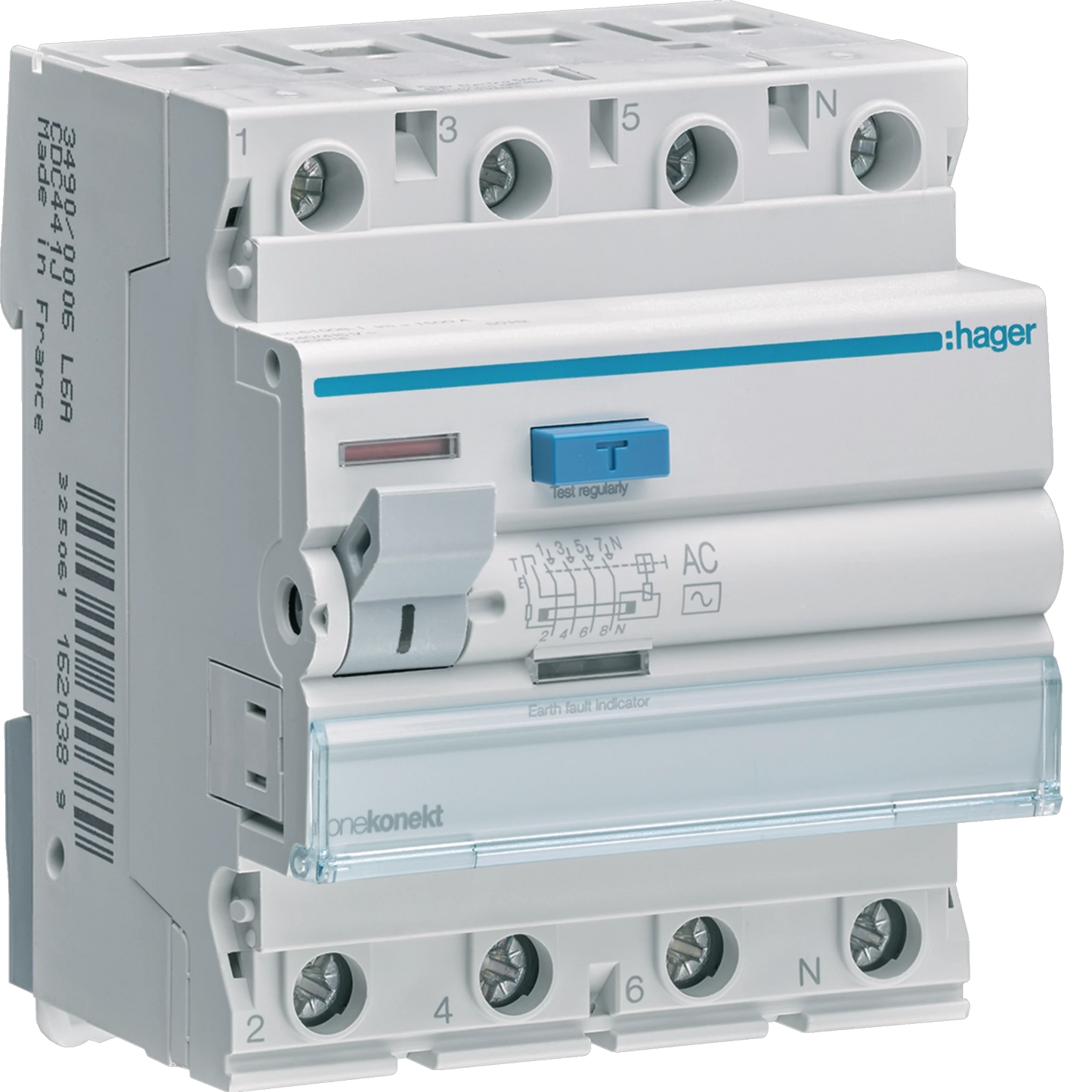 Hager RCCB (ELCB) 63A 4P 300mA, front view with blue test button on a four-pole circuit breaker.