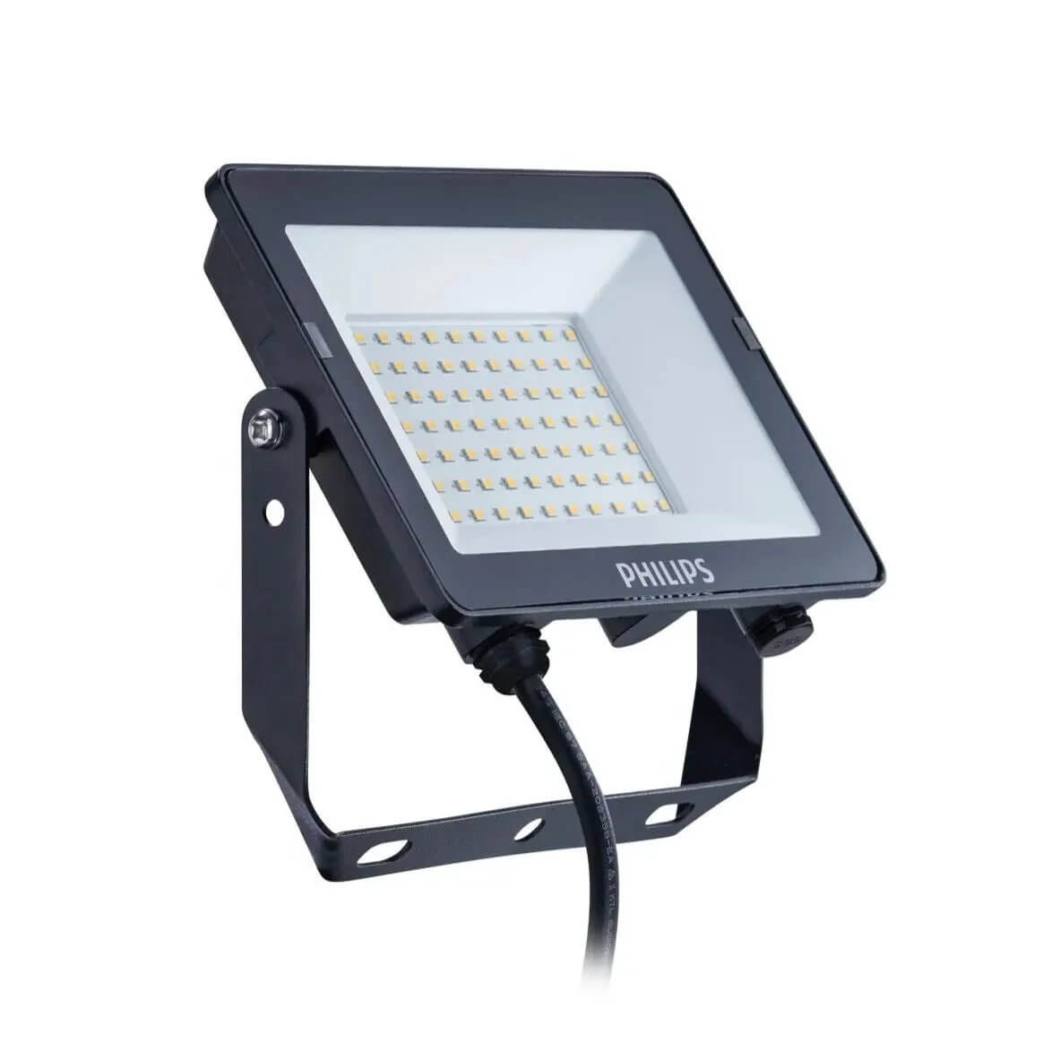 Philips BVP150 SmartBright G5 LED floodlight, 50W, warm white (3000K), wide beam, mounted on an adjustable bracket.