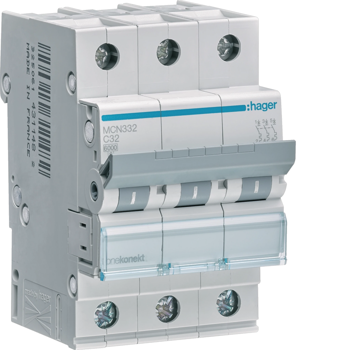 Hager MCN332 miniature circuit breaker, 32A, 3-pole Type C, 6kA, front view