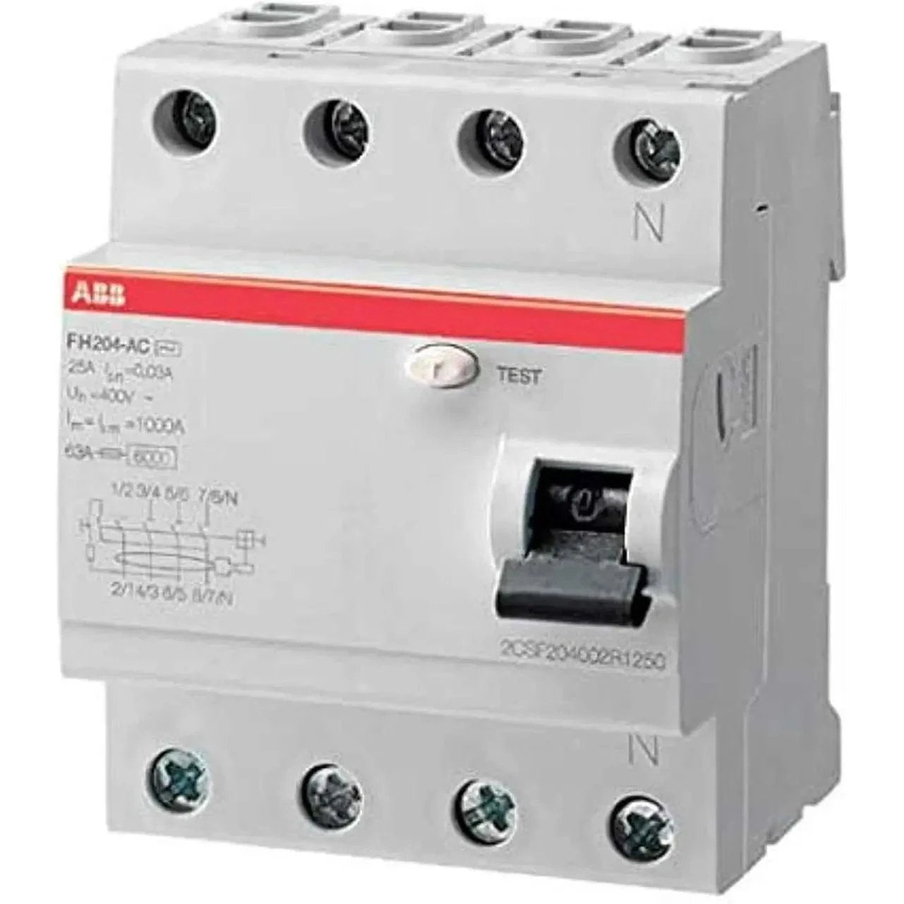 ABB FH204 4-pole ELCB/RCCB residual current circuit breaker, 40A, 30mA, white with red stripe