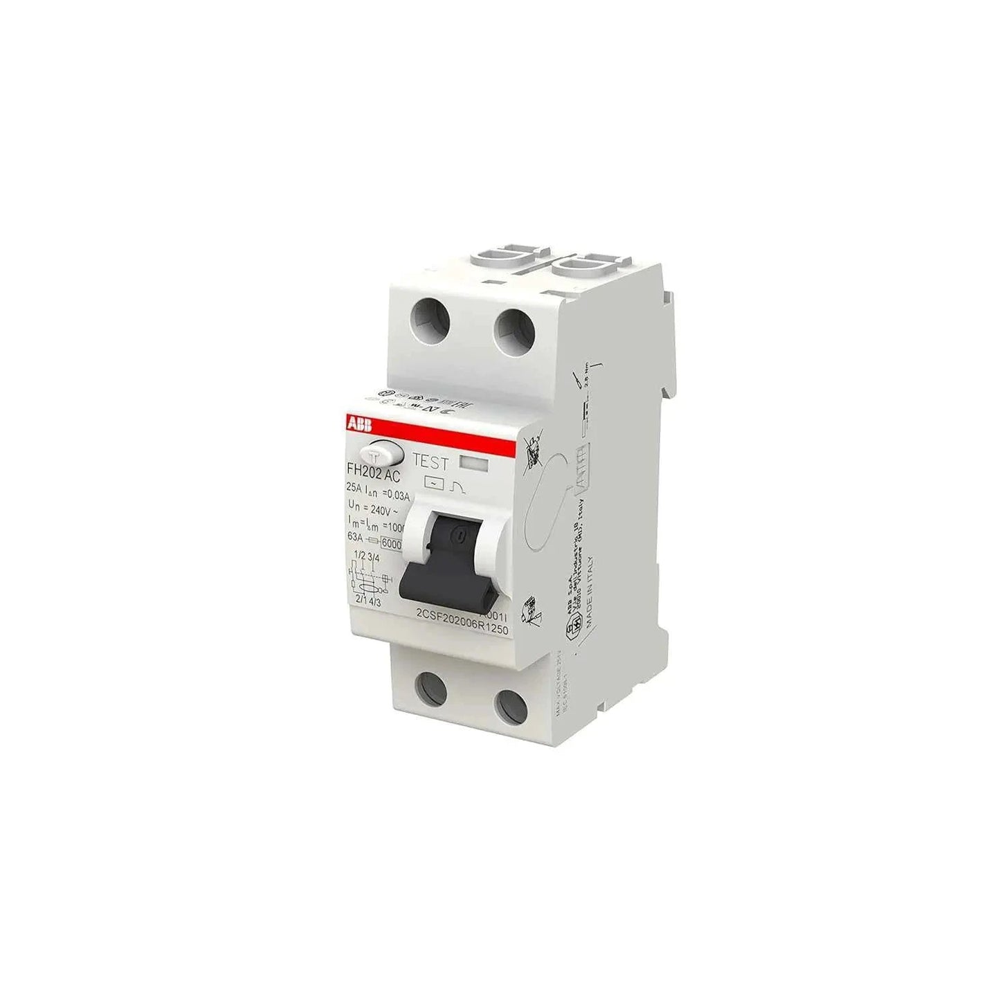 ABB FH202 AC 25A 2P 30mA RCCB/ELCB, front view of a white unit with red label.