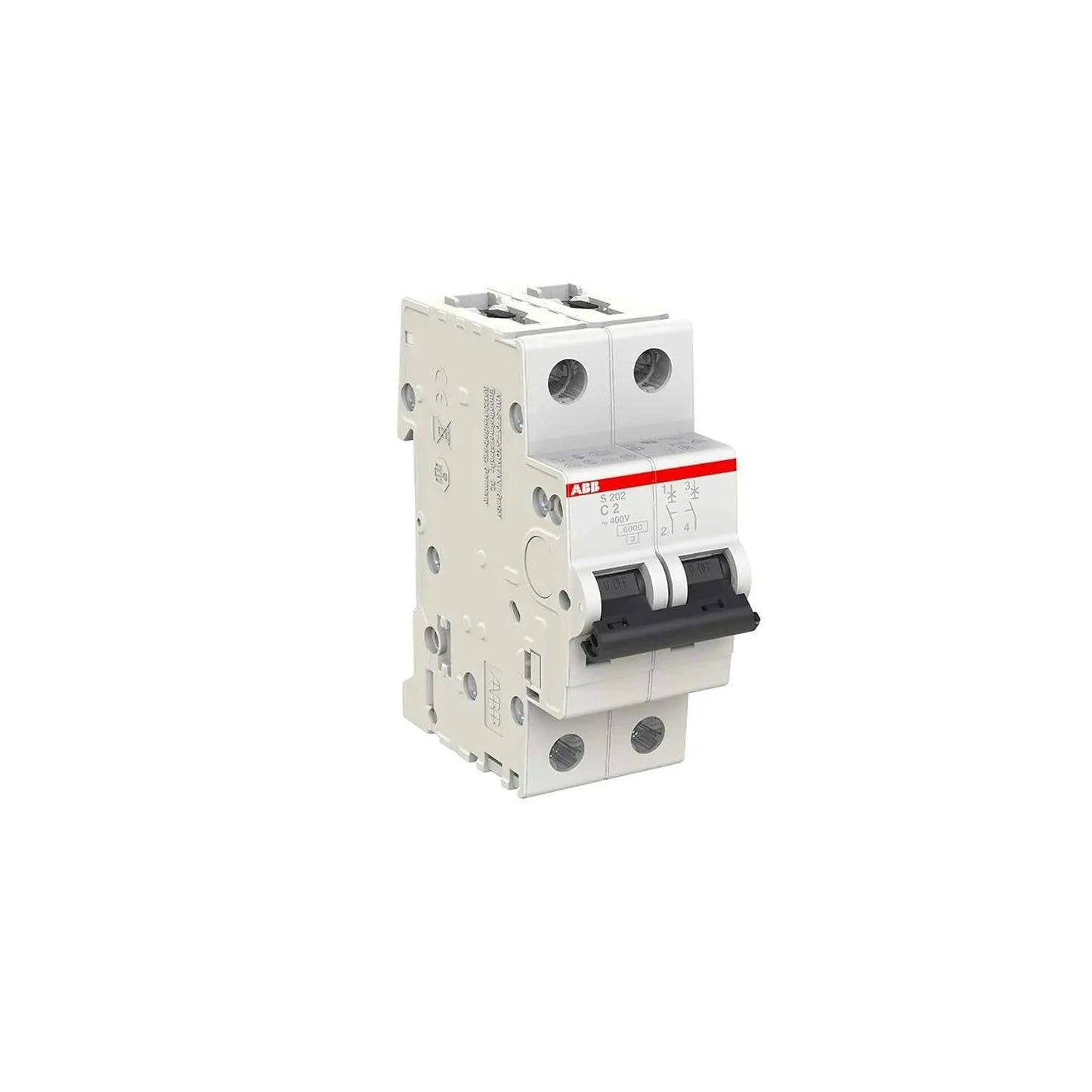 ABB S202-C2 2P 2A Type C miniature circuit breaker, white body with red top stripe