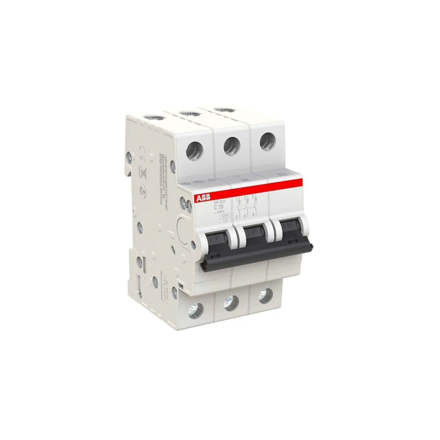 ABB SH203-C20 three-pole miniature circuit breaker, 20A, white with red branding