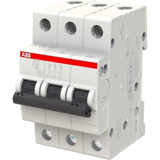 Abb Three Pole Miniature Circuit Breaker 32A Tp Mcb 6Ka Type C Sh203-C32 2Cds213001R0324 - Deluxe Electricals