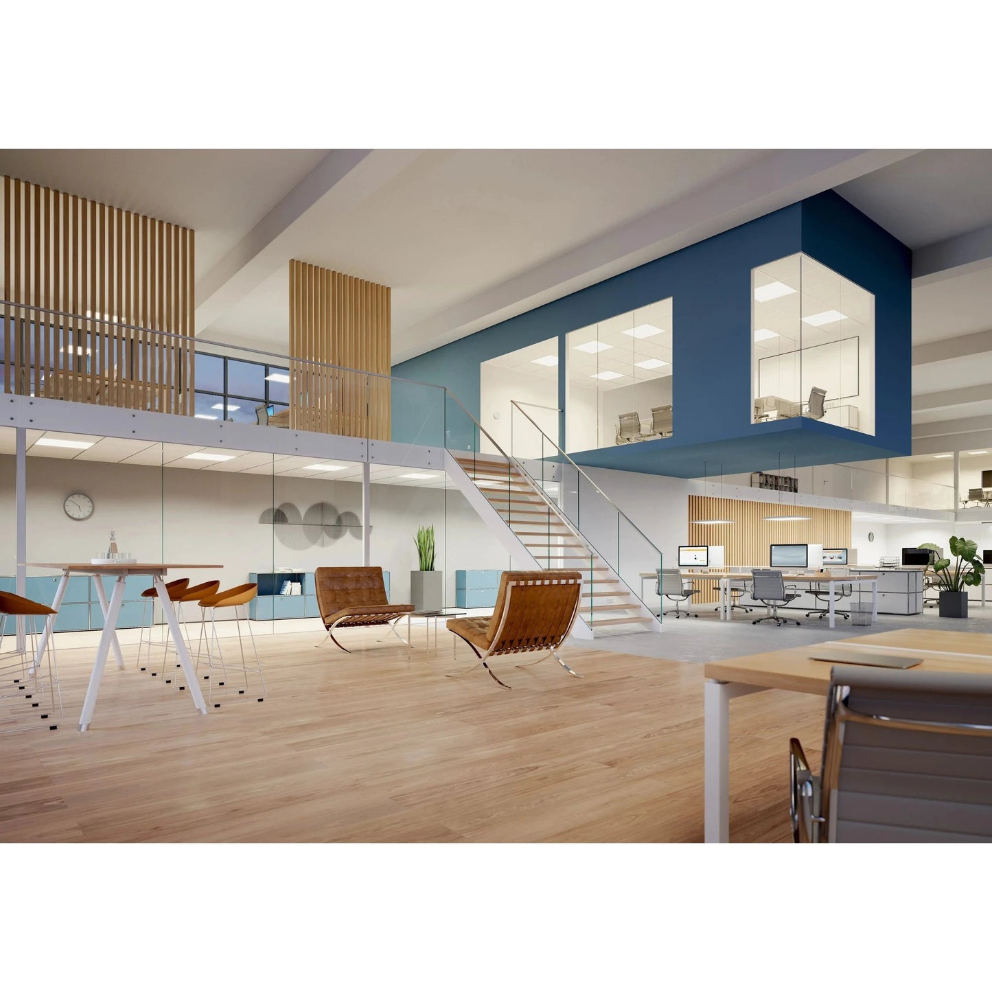 Ledvance LED backlit panel ceiling light 60x60-38W in an open-plan office with glass partitions.