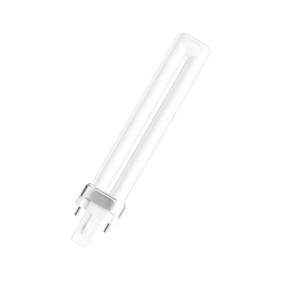 Osram 2-pin Dulux-S G23 9W compact fluorescent lamp with white U-shaped tube and two clearly visible pins