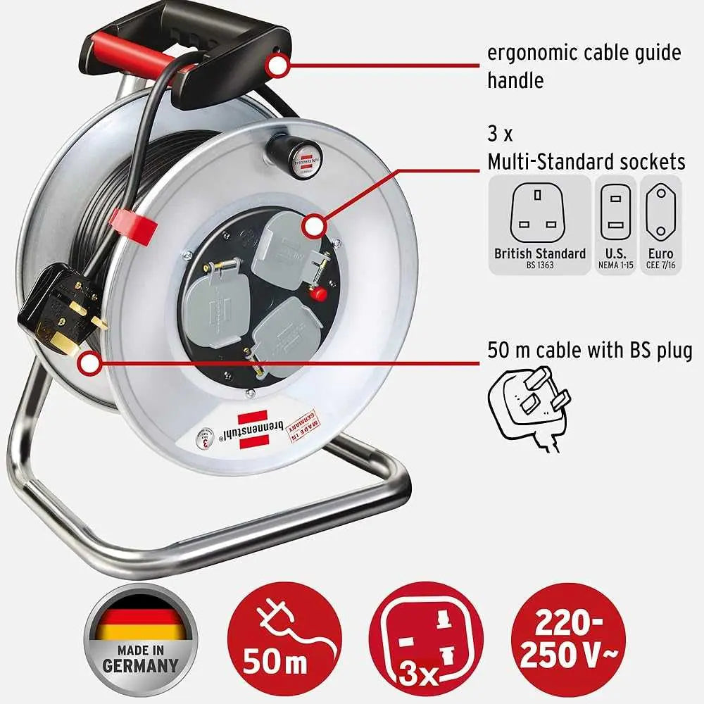 Brennenstuhl Garant Steel 13A 3-way socket cable reel with 50 m BS plug and three multi-standard sockets