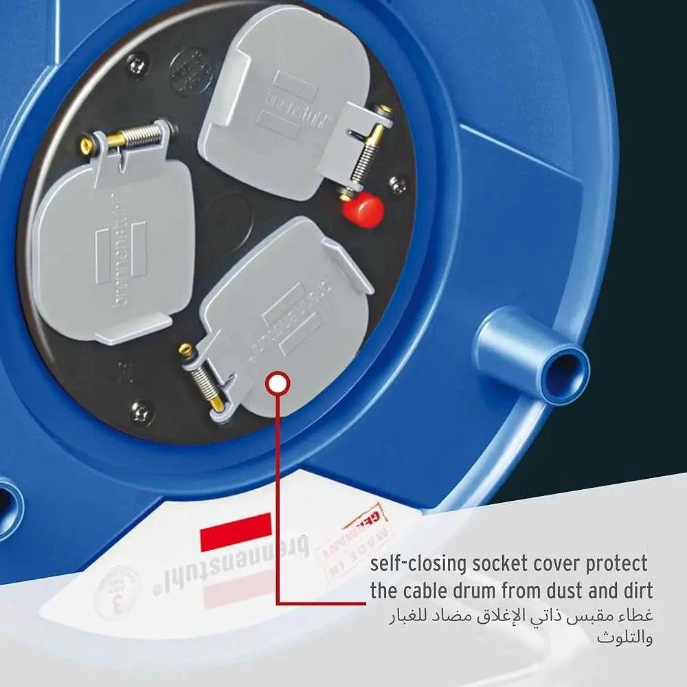 Brennenstuhl Garant 13A 3-Way cable reel, blue housing with three gray self-closing socket covers visible