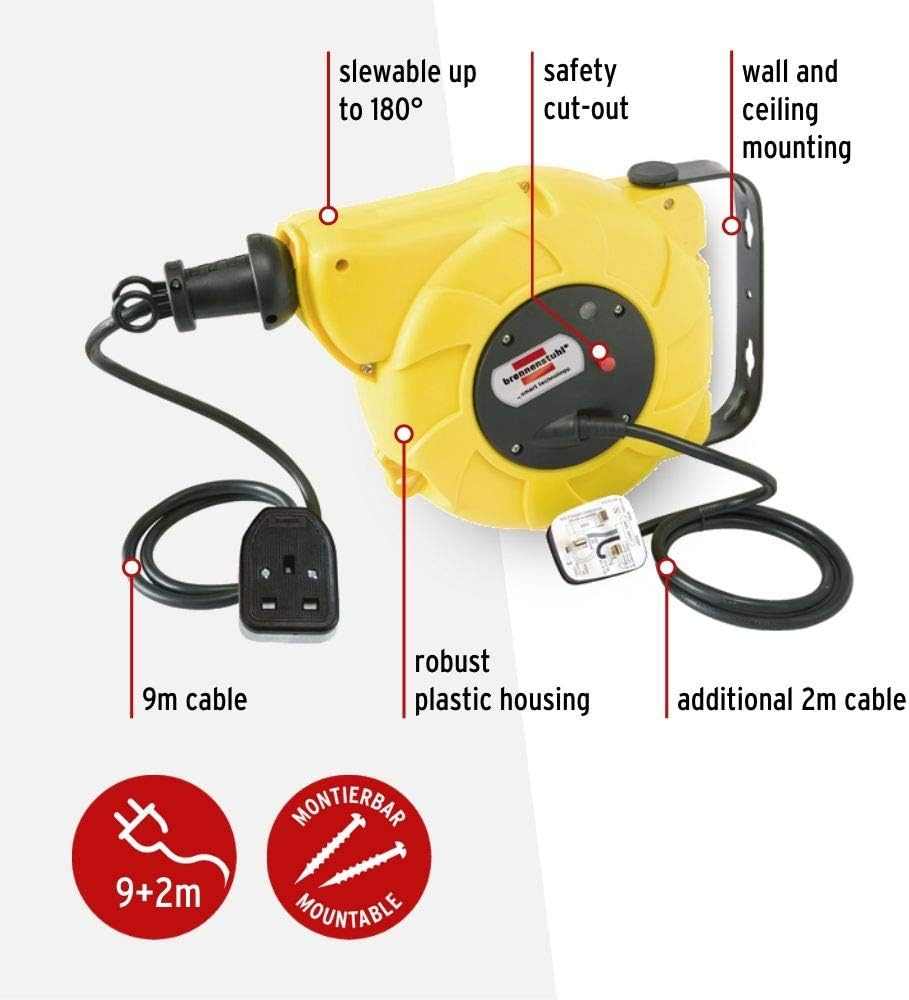 Brennenstuhl Automatic Rewind Cable Reel 9+2m H05VV-F 3G1,5 1241023300 - Deluxe Electricals