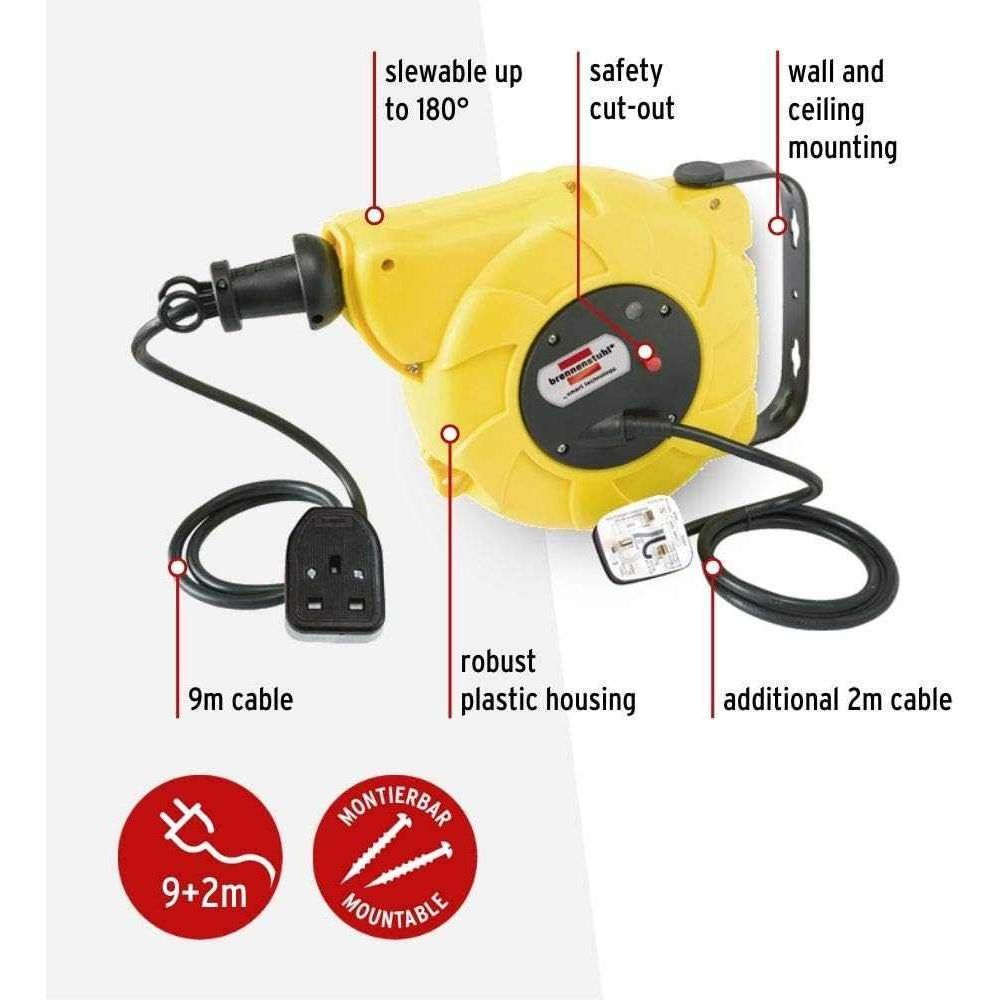 Brennenstuhl Automatic Rewind Cable Reel 9+2m H05VV-F 3G1,5 1241023300 - Deluxe Electricals