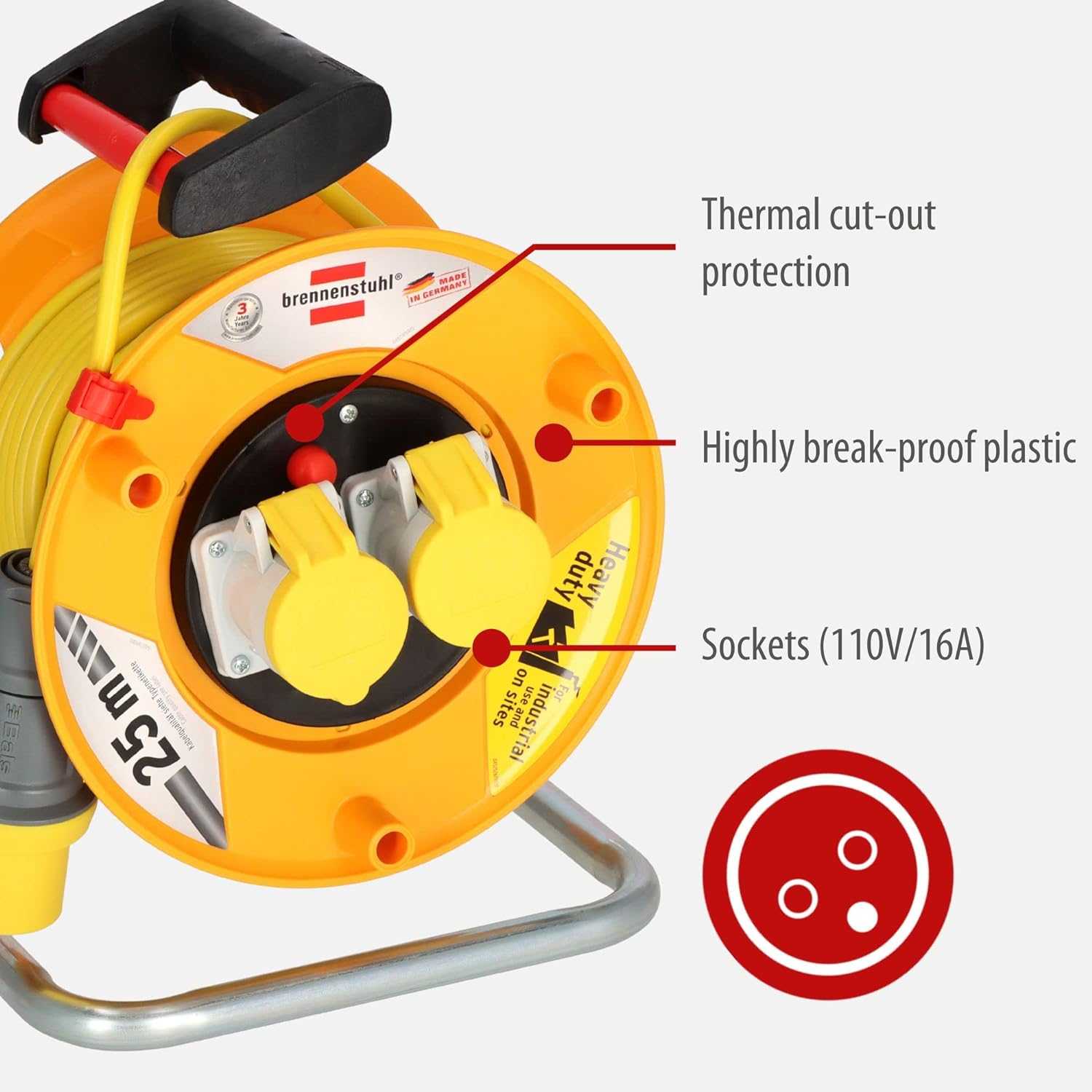 Brennenstuhl Garant 110V CEE 2 cable reel 25m H05VV-F 3G1,5 1148773 - Deluxe Electricals