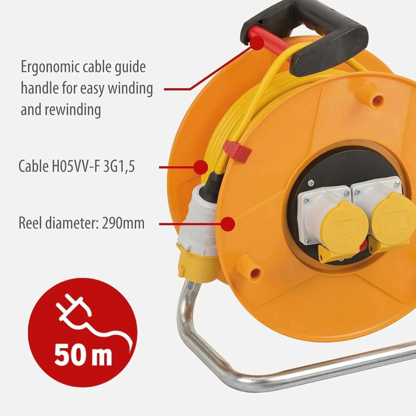 Brennenstuhl Garant 110V CEE 2 cable reel with 50 m yellow H05VV-F 3G1,5 cable, orange body, ergonomic handle