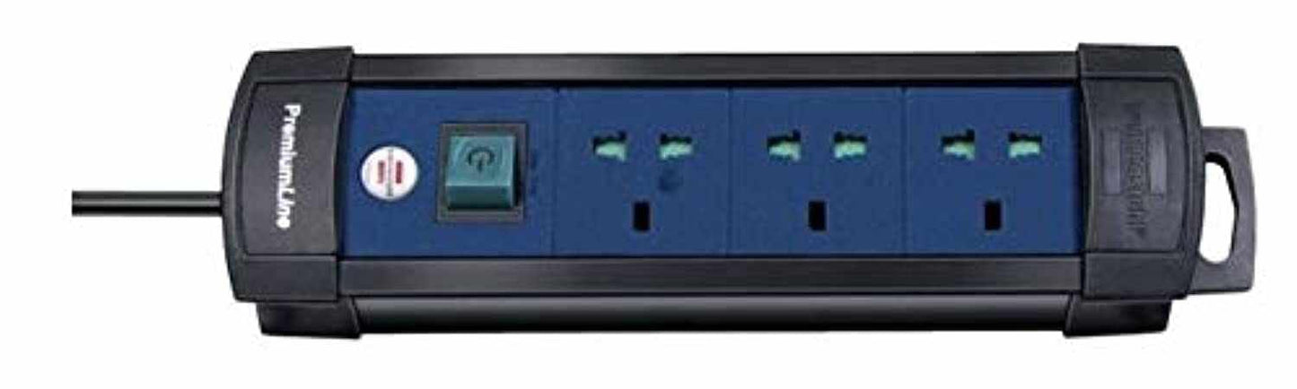 Brennenstuhl Premium Line Multistandard 13A 3 way Extension Cord w/ 3m Made in Germany, Black/Blue - Deluxe Electricals