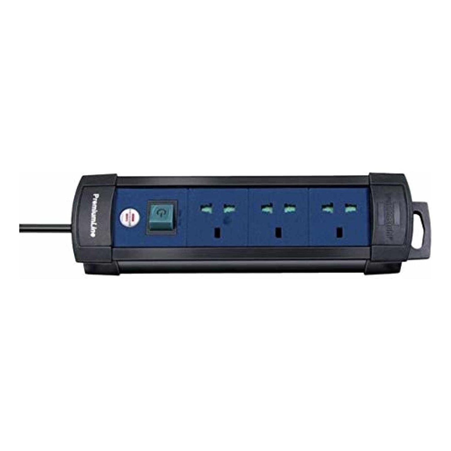 Brennenstuhl Premium Line Multistandard 13A 3 way Extension Cord w/ 3m Made in Germany, Black/Blue - Deluxe Electricals