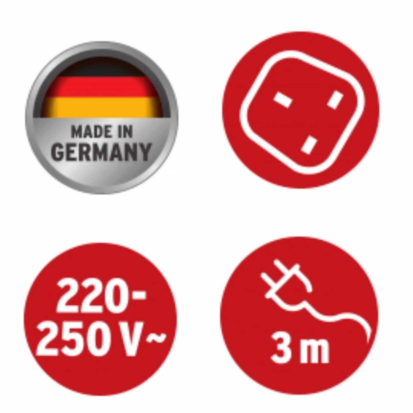 Extension cord visual: Made in Germany badge, 220-250V, 3 m length, red plug icon