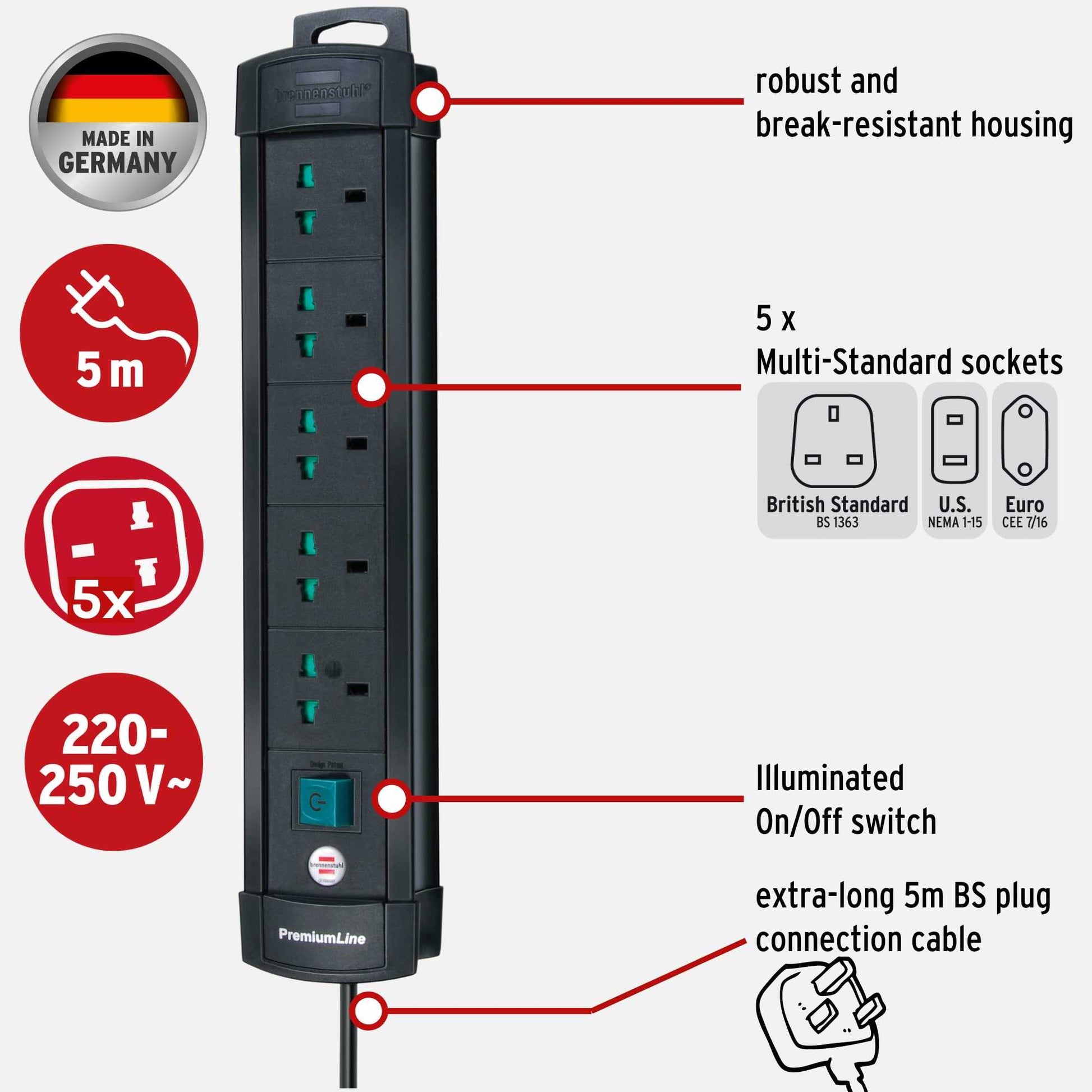 Brennenstuhl Premium-Line Multistandard, 5-way extension lead with 5m Universal extension cable, Made in Germany - Deluxe Electricals