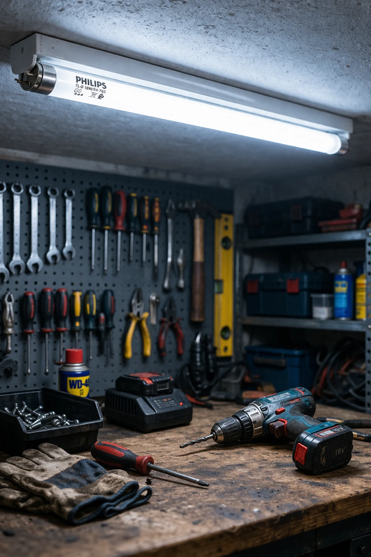 Philips TL-D 18W fluorescent tube (600mm, G13) in cool daylight mounted on a workshop ceiling with tools on a pegboard.