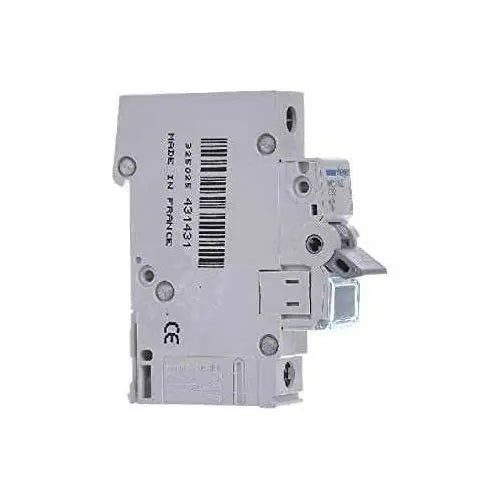Hager 1-pole miniature circuit breaker MCB, white/gray, side view with barcode label visible