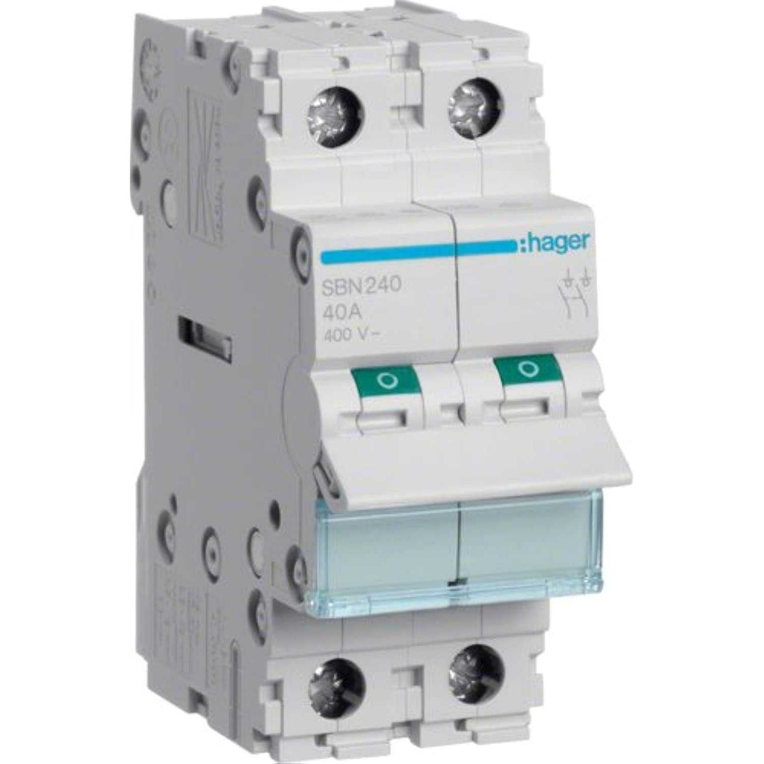 Hager 2Pole 40A Isolator Modular Break Switch SBN241N/SBN240 - Deluxe Electricals