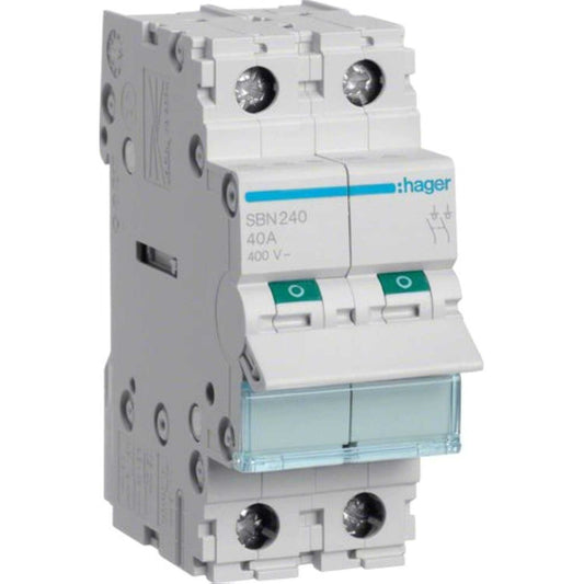 Hager 2Pole 40A Isolator Modular Break Switch SBN241N/SBN240 - Deluxe Electricals