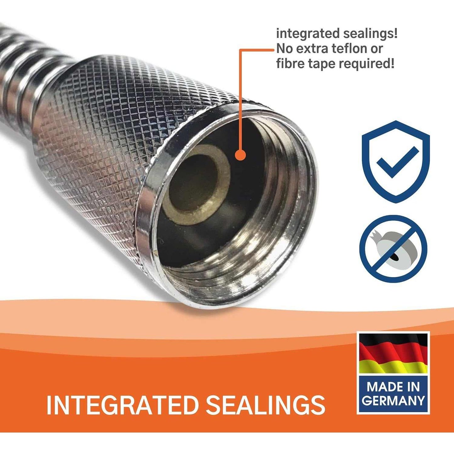 Kistenmacher Safety Hose, 1.5 m - flexible Stainless Steel shower hose with integrated sealings perfect matching for standard hand showers, Made in Germany - Deluxe Electricals