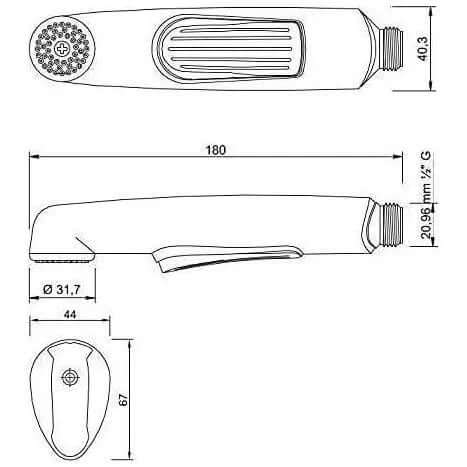 Kistenmacher Deluxe Chrome Bidet Sprayer with 100 cm hose; German-made, engineering drawing with dimensions.