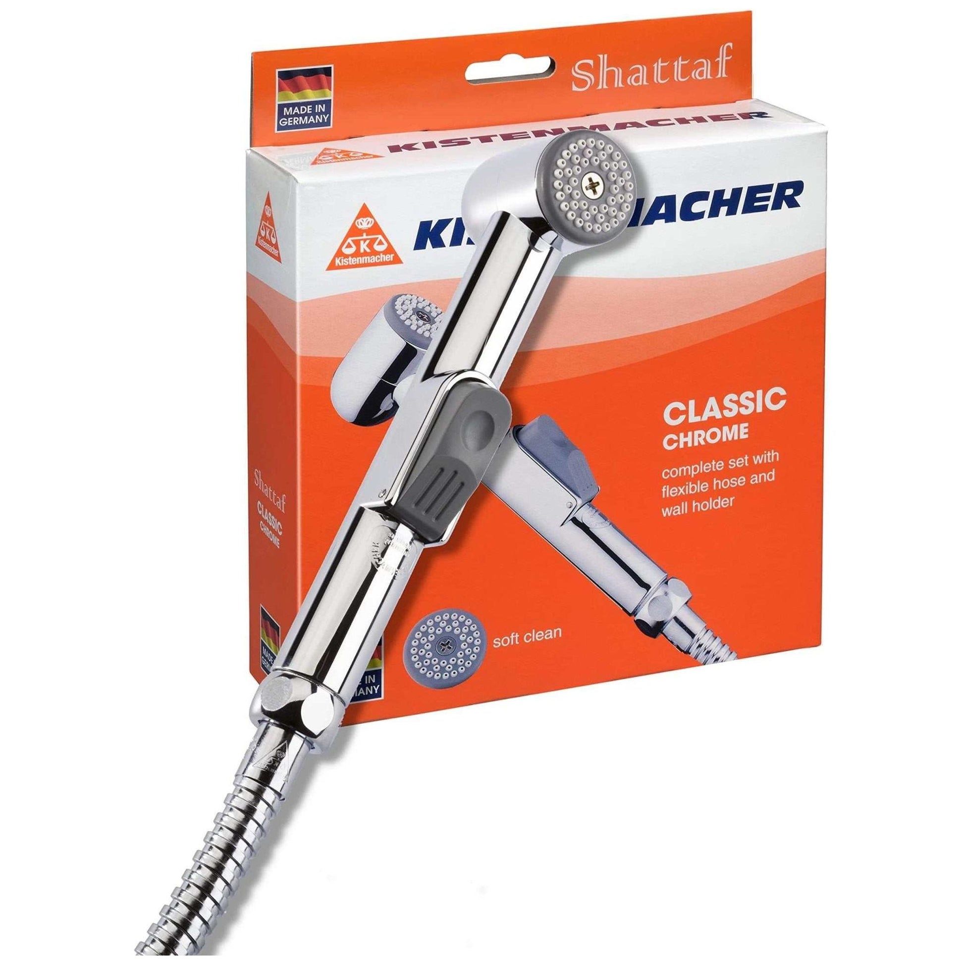 Kistenmacher Shattaf-Set Classic chrome, complete set with bidet handle, 100 cm bidet hose and wall holder - Deluxe Electricals