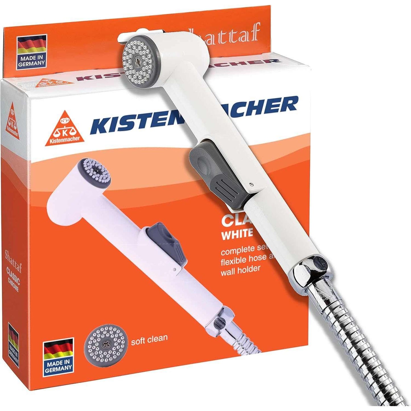 Kistenmacher Shattaf Toilet Spray Classic, White, Set with bidet handle, 100 cm flexible hose and wall holder - Deluxe Electricals