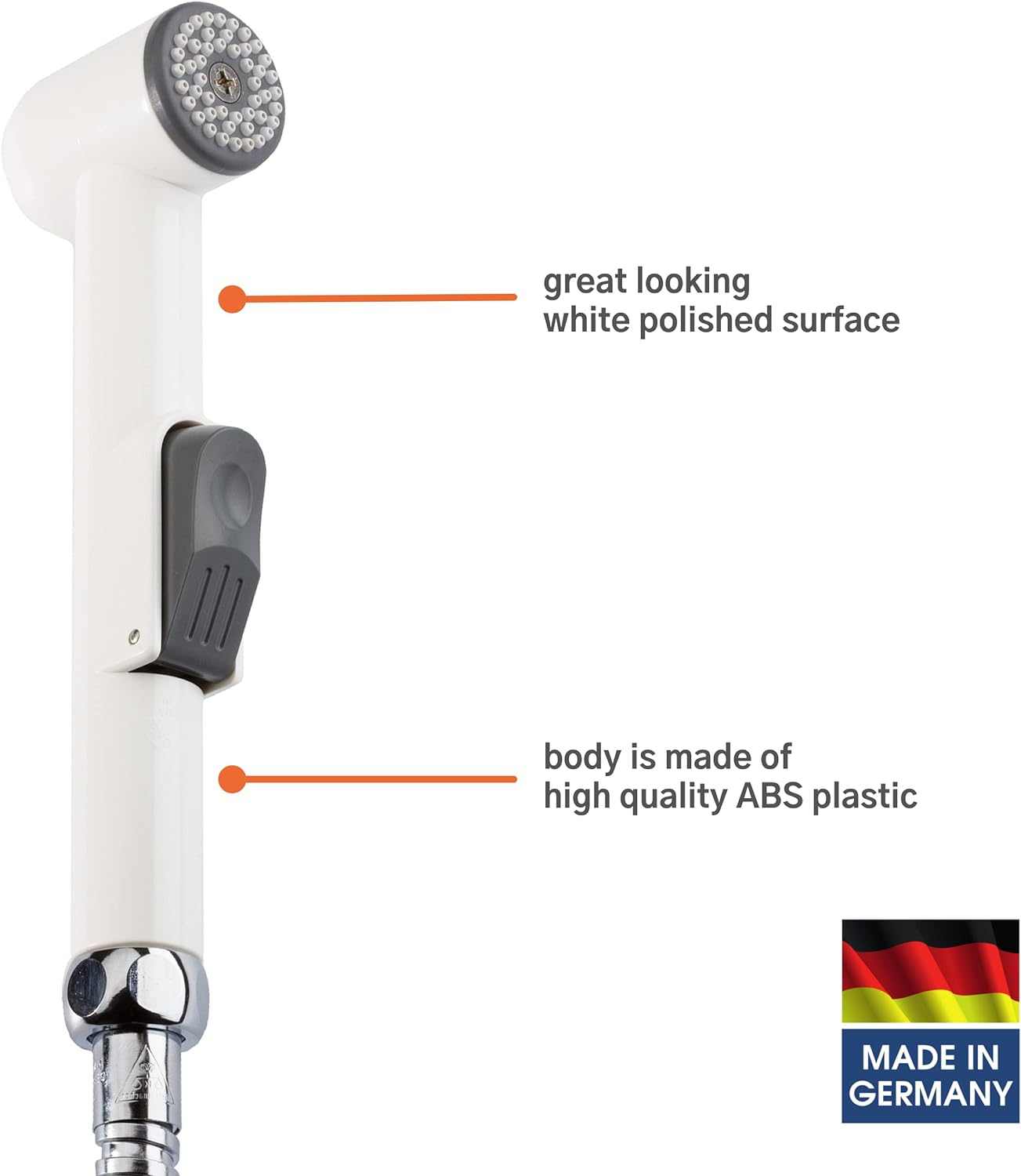 Kistenmacher Shattaf Toilet Spray Classic, White, Set with bidet handle, 100 cm flexible hose and wall holder - Deluxe Electricals