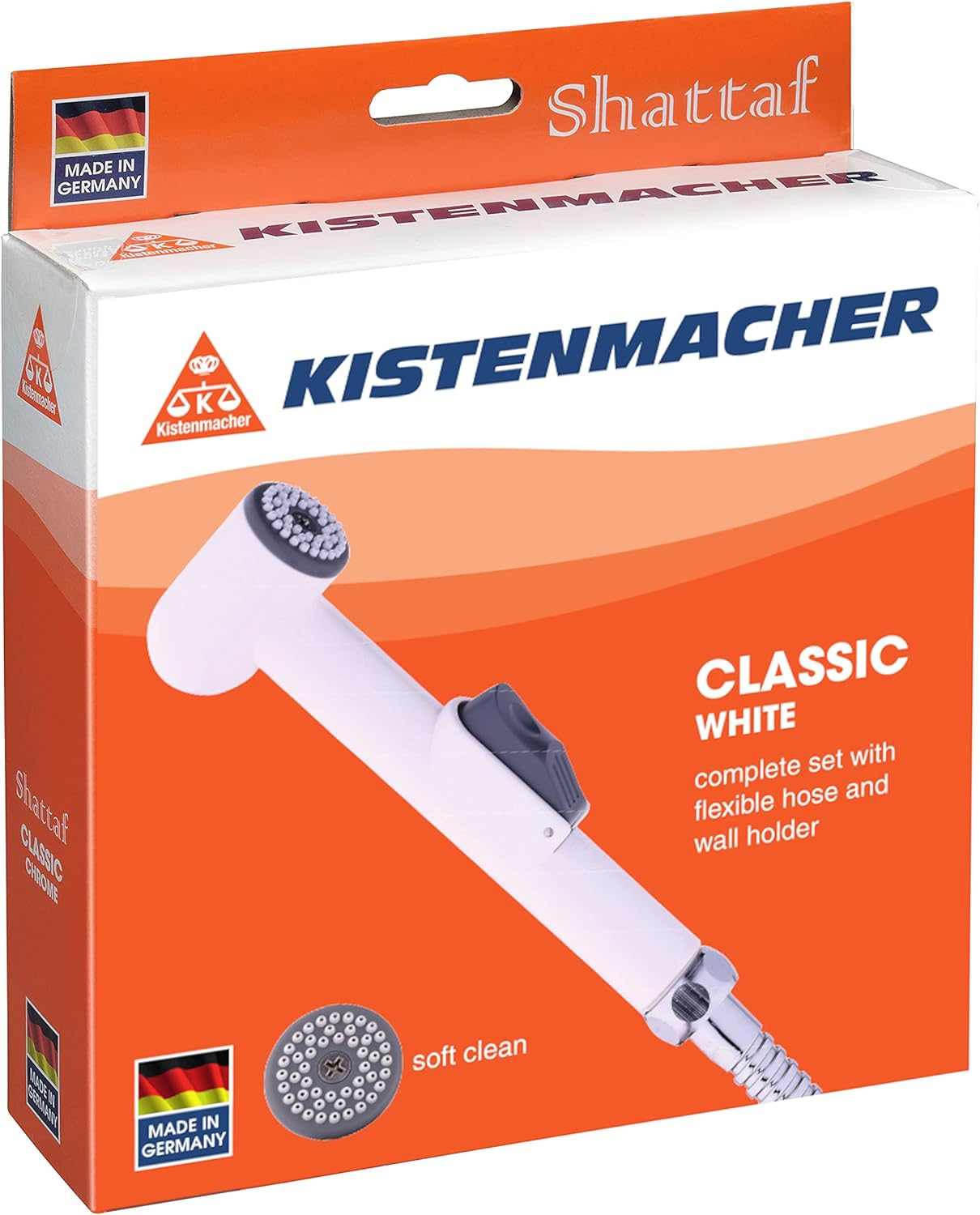 Kistenmacher Shattaf Toilet Spray Classic, White, Set with bidet handle, 100 cm flexible hose and wall holder - Deluxe Electricals