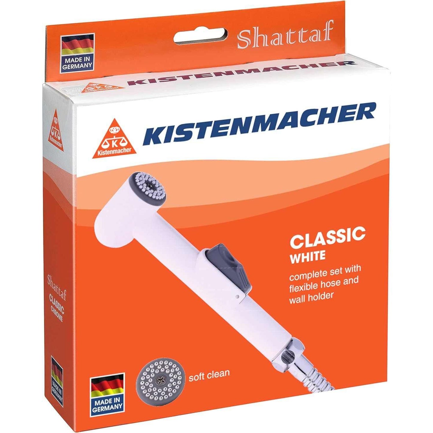 Kistenmacher Shattaf Toilet Spray Classic, White, Set with bidet handle, 100 cm flexible hose and wall holder - Deluxe Electricals
