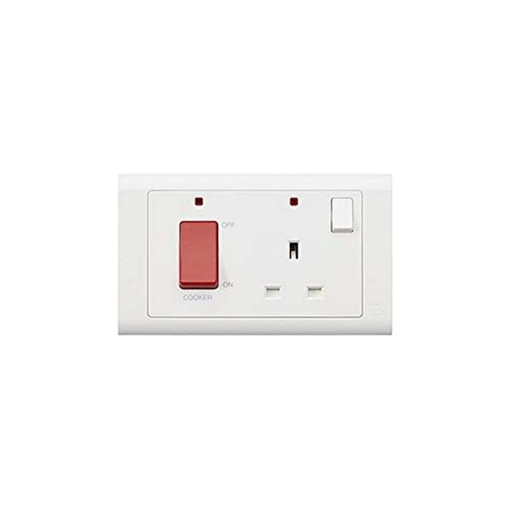 MK Electric Essentials 45A DP Switch & 13A DP Switched Socket with NEON, White MV5215NWHI - Deluxe Electricals
