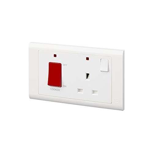 MK Electric Essentials 45A DP Switch & 13A DP Switched Socket with NEON, White MV5215NWHI - Deluxe Electricals