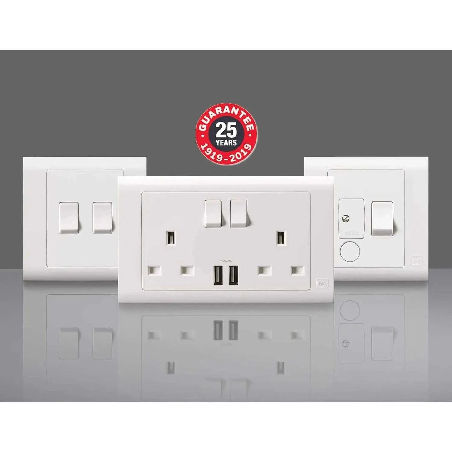 MK Electric MV2747WHI 2G 13A switched socket with USB ports on a white wall plate, front view, three plates shown