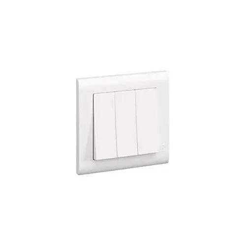 MK Essentials MV4783WHI 3G 2-Way switch with wide rockers on white 3-gang wall plate.