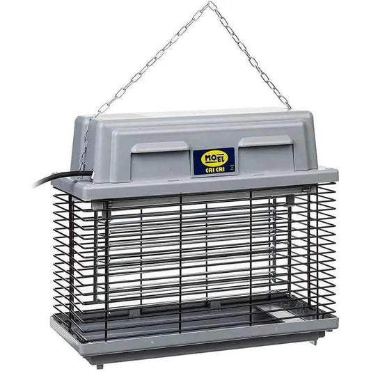 Mo-el Cri Cri 309 insect killer UV-A electric zapper, grey housing with hanging chain and metal grid
