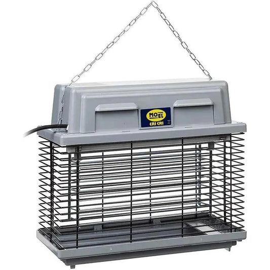 Mo-el Cri Cri 309 insect killer UV-A electric zapper, grey housing with hanging chain and metal grid
