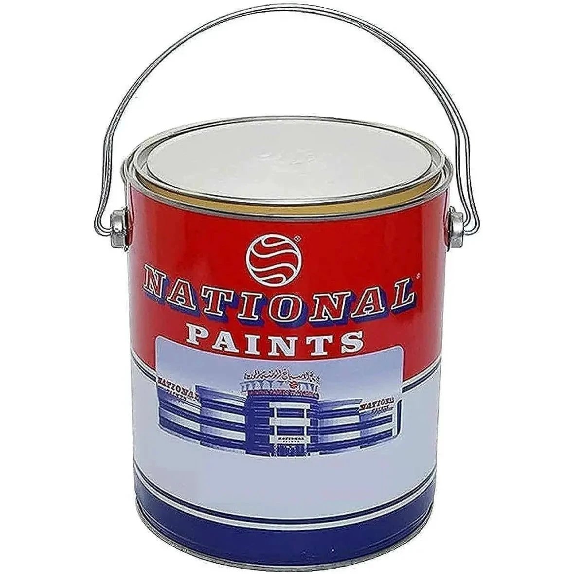 National Paints NP-801-3.6 801 Off White water-based paint can with red label, white lid, and metal handle.