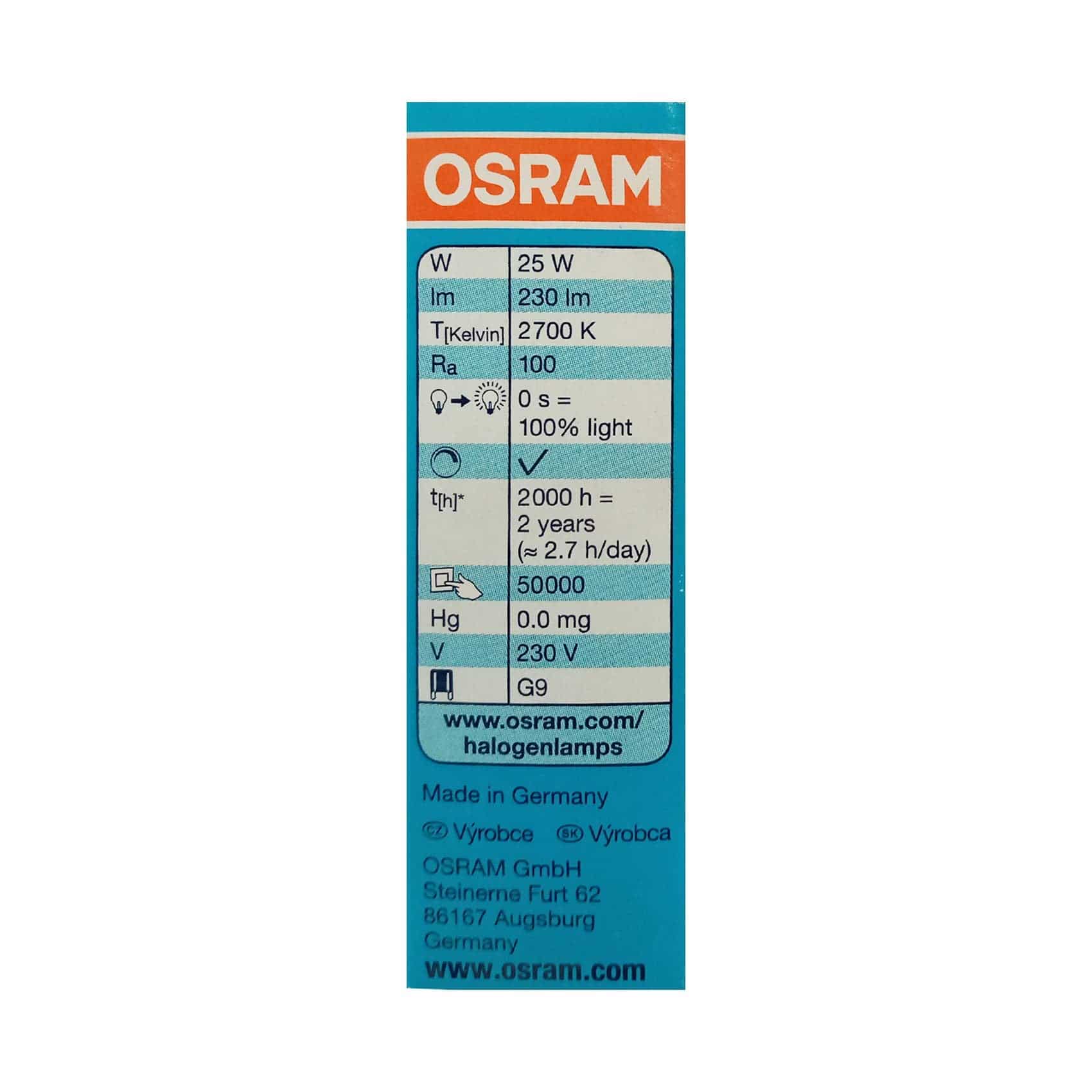 Osram HALOPIN Standard | 230 V Halogen lamps 25W, 66725 Base G9, Warm White/2700k - 230 lm - Deluxe Electricals